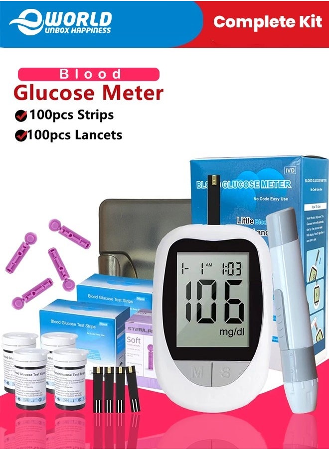 Eworld - Fully Automatic Portable Blood Glucose Meter, Accurate and Easy to Use Diabetes Testing Device with Lancet Pen, 100 Test Strips and Lancets, Fast Results, Memory Storage and Code Free Operation - Image 1