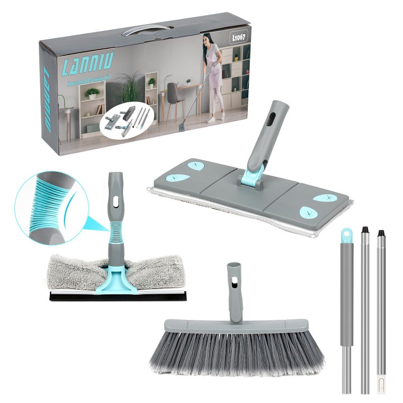 LANNIU 3-in-1 Detachable Broom and Mop Set Combo for House Cleaning, Collapsible Broom and Mop for RV Camping, Home, Dorm, Extension Pole, Window Squeegee, Grey - Image 1