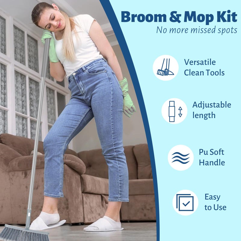 LANNIU 3-in-1 Detachable Broom and Mop Set Combo for House Cleaning, Collapsible Broom and Mop for RV Camping, Home, Dorm, Extension Pole, Window Squeegee, Grey - Image 2