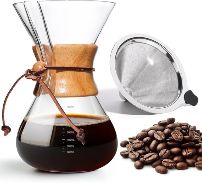 Pour Over Coffee Maker 27 OZ, 8 Cup Borosilicate Glass Drip Coffee Maker with Reusable Stainless Steel Filter and Cork Grip for Home CafÃ© 800 ML