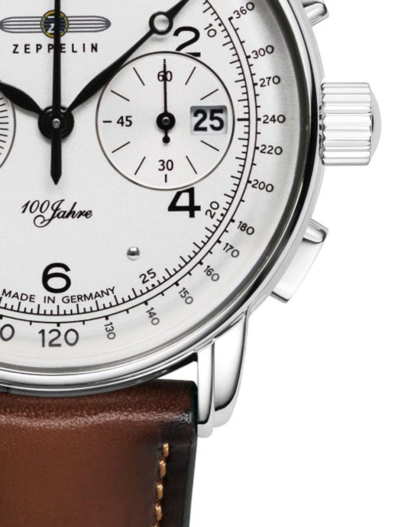 Zeppelin Leather 100 Years Ed. 1 Chronograph|Date|Small Seconds|Tachymeter Analog Dial Color White Men's Watch - 86761, Band Color:Brown - Image 2