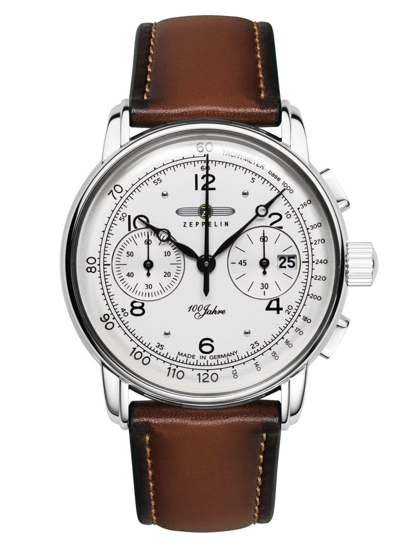 Zeppelin Leather 100 Years Ed. 1 Chronograph|Date|Small Seconds|Tachymeter Analog Dial Color White Men's Watch - 86761, Band Color:Brown - Image 1