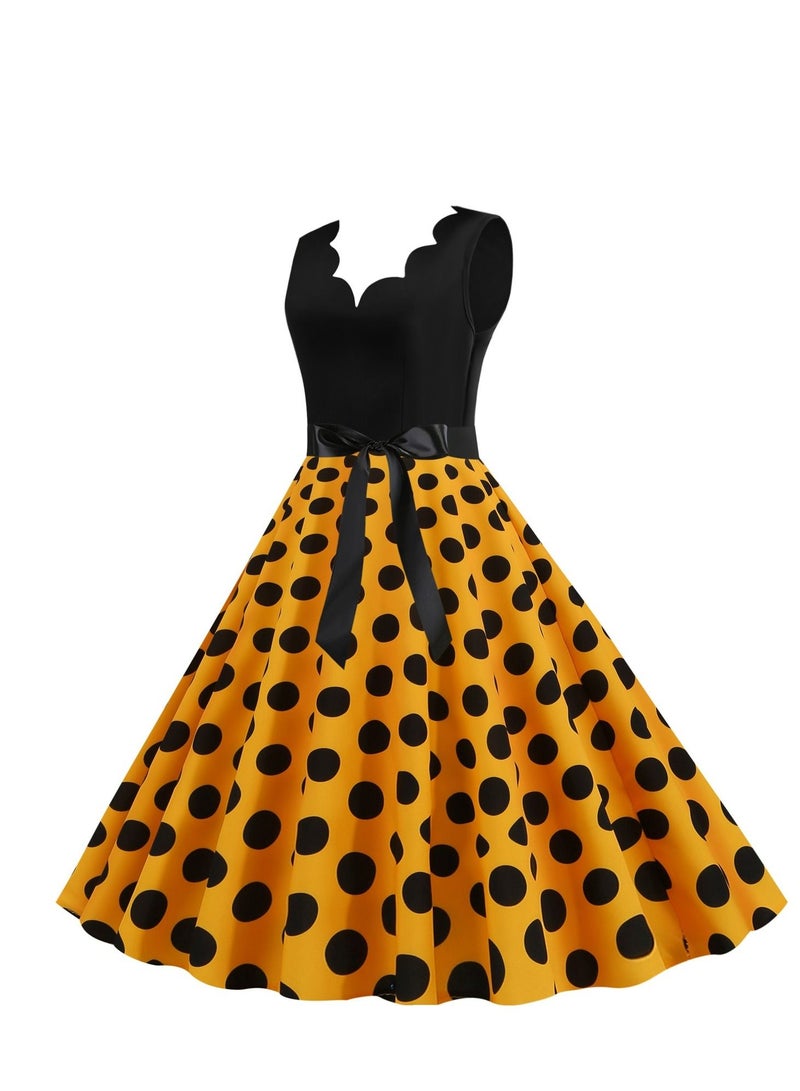 Loquat V-neck Sleeveless Polka Dot Lace Up Waist Retro Large Swing Dress Yellow/Black  - Image 2