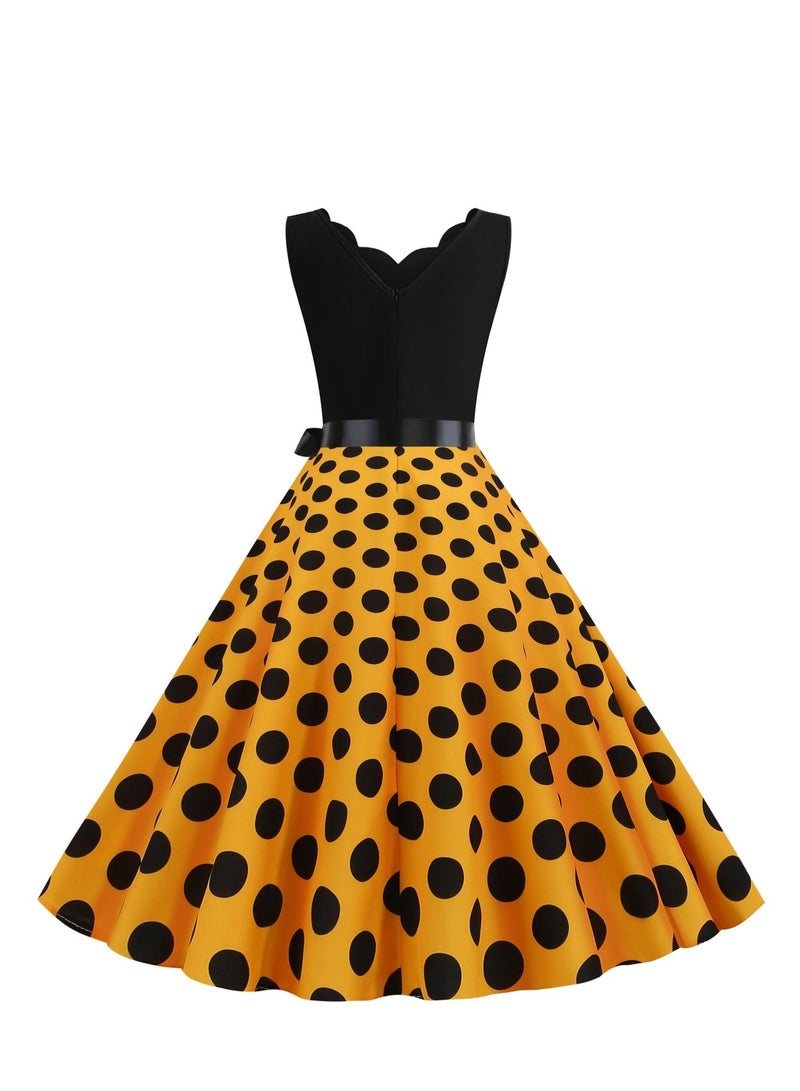 Loquat V-neck Sleeveless Polka Dot Lace Up Waist Retro Large Swing Dress Yellow/Black  - Image 3
