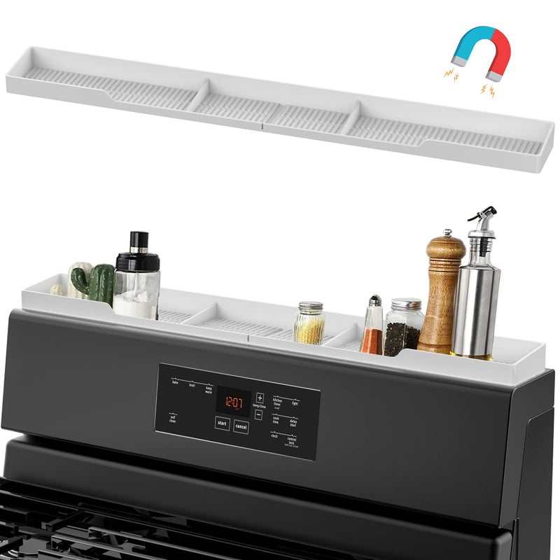 AWOKE Stove Top Shelf 30 Inch - Silicone Material Magnetic Shelf for The Stove - 3 Functional Partitions Kitchen Spice Rack Organizer - White - Image 1