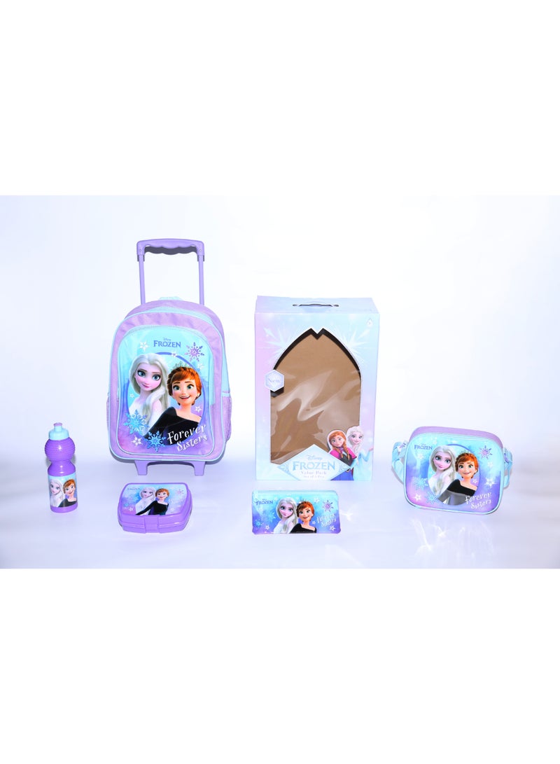Disney Frozen 5 in 1 Value Pack (16" Trolley Bag with Lunch Box, Lunch bag, Water Bottle and Pencil Case) - Image 1