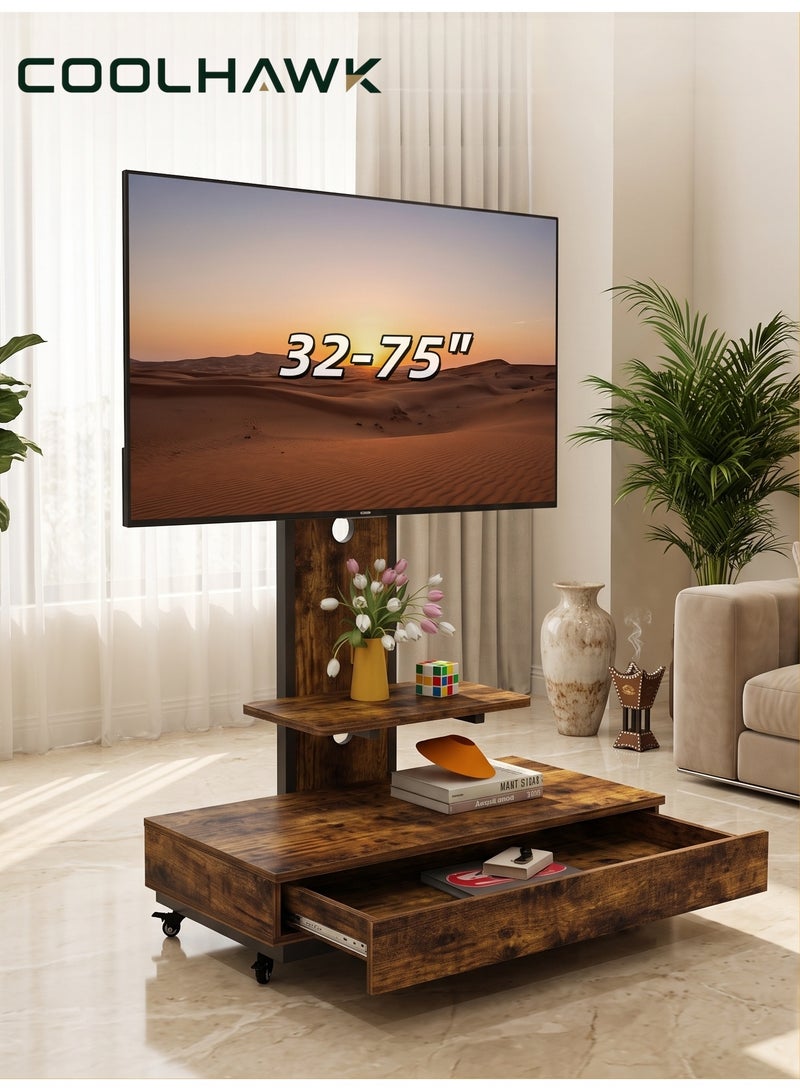 كول هوك حامل تلفزيون متحرك بعجلات مع درج تخزين للشاشات 32-75 بوصة، ستاند أرضي بارتفاع قابل للتعديل وقفل أمان، خشب داكن - VESA 600x400 - Image 1