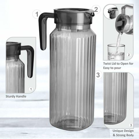 Nayasa Electra Water Jug with Plastic Lid & Handle | Transparent Beverage Carafe for Home, Office | Pitcher for Serve Water, Milk, Juice, Beverage, Chaas, Cocktail | Italian Look (Grey, 1200ml) - Image 3