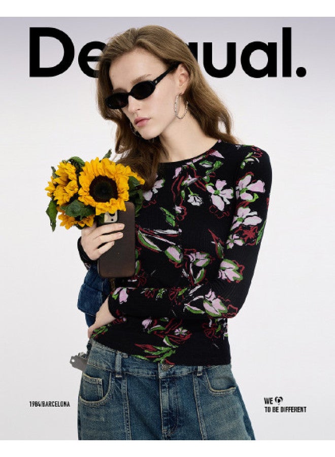 DESIGUAL ss25 Floral Print Slim-fit Ribbed Long Sleeve Women's T-shirt - Image 1