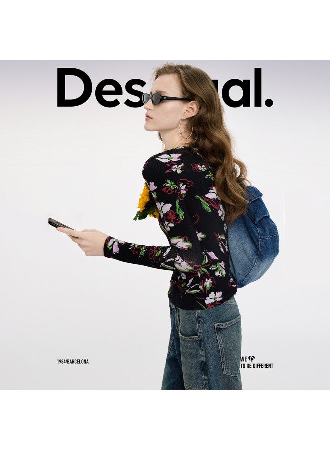 DESIGUAL ss25 Floral Print Slim-fit Ribbed Long Sleeve Women's T-shirt - Image 5
