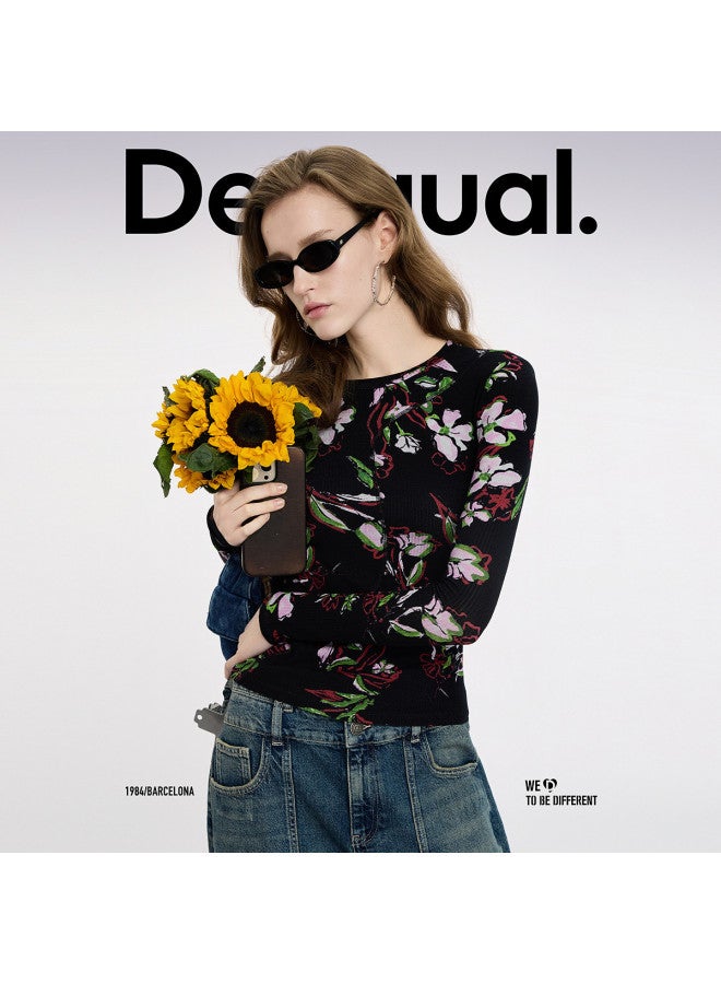 DESIGUAL ss25 Floral Print Slim-fit Ribbed Long Sleeve Women's T-shirt - Image 2