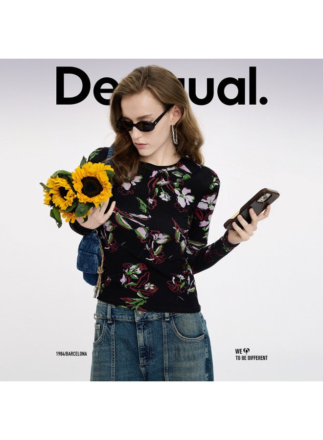 DESIGUAL ss25 Floral Print Slim-fit Ribbed Long Sleeve Women's T-shirt - Image 4