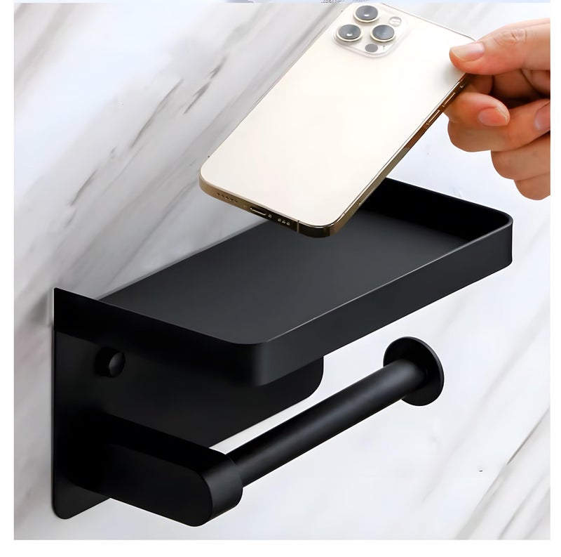 24x7 eMall Black Toilet Paper Roll Holder with Shelf SS Material with Phone Holder Or Decorations for Bathrooms and Toilets 17.5cm X 8cm - Image 5