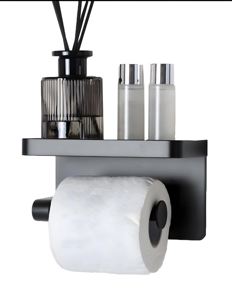 24x7 eMall Black Toilet Paper Roll Holder with Shelf SS Material with Phone Holder Or Decorations for Bathrooms and Toilets 17.5cm X 8cm - Image 1