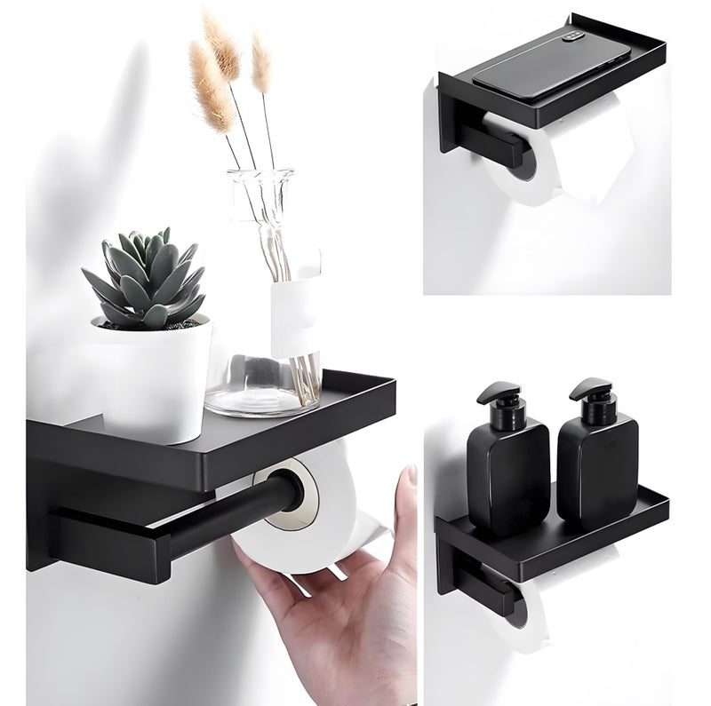 24x7 eMall Black Toilet Paper Roll Holder with Shelf SS Material with Phone Holder Or Decorations for Bathrooms and Toilets 17.5cm X 8cm - Image 2