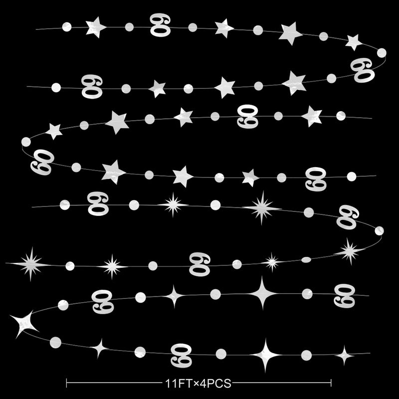 pinkblume Silver 60th Birthday Decorations Number 60 Circle Dot Star Garland Hanging Streamer Bunting Banner Backdrop for Mens Cheers to 60 Years Old Happy 60th Birthday 60th Anniversary Sixty Party Supplies - Image 2
