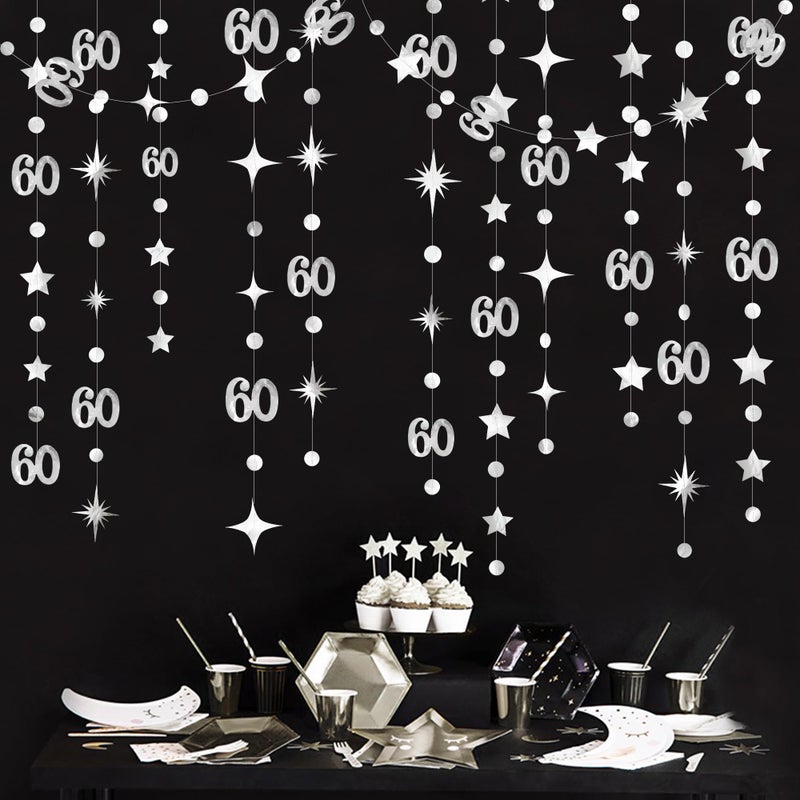 pinkblume Silver 60th Birthday Decorations Number 60 Circle Dot Star Garland Hanging Streamer Bunting Banner Backdrop for Mens Cheers to 60 Years Old Happy 60th Birthday 60th Anniversary Sixty Party Supplies - Image 1