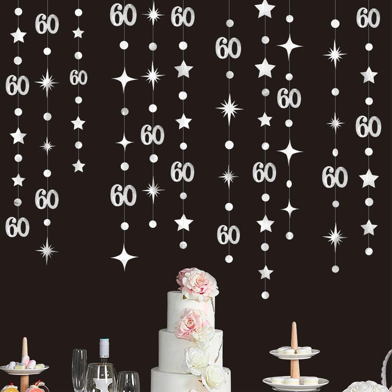pinkblume Silver 60th Birthday Decorations Number 60 Circle Dot Star Garland Hanging Streamer Bunting Banner Backdrop for Mens Cheers to 60 Years Old Happy 60th Birthday 60th Anniversary Sixty Party Supplies - Image 5