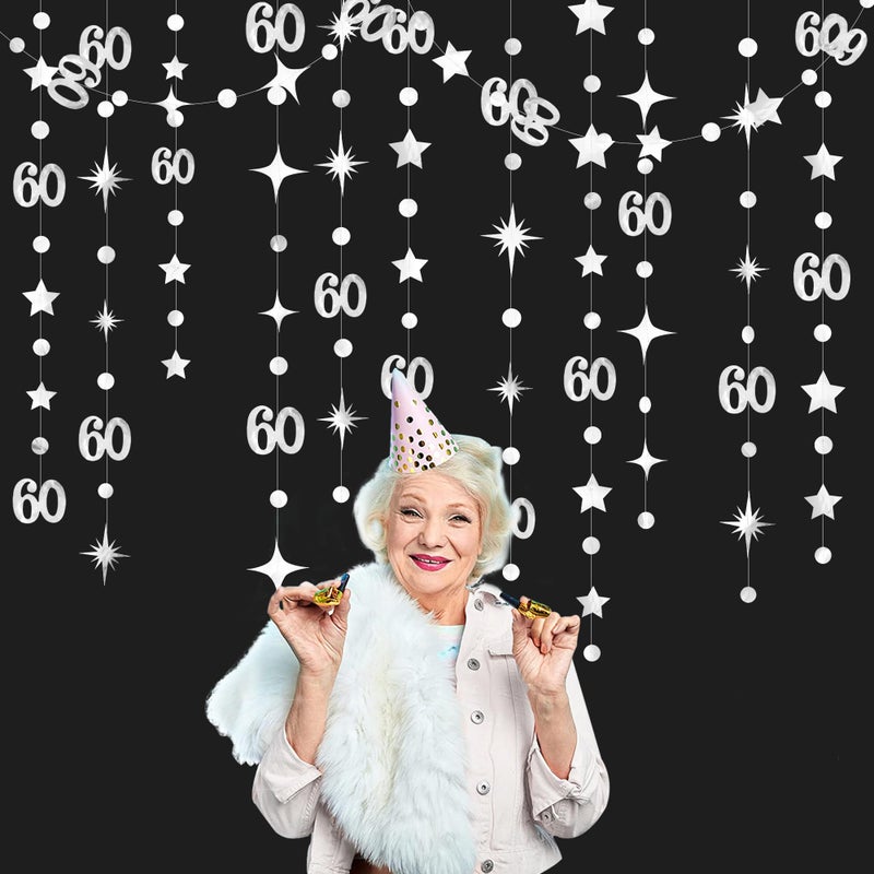pinkblume Silver 60th Birthday Decorations Number 60 Circle Dot Star Garland Hanging Streamer Bunting Banner Backdrop for Mens Cheers to 60 Years Old Happy 60th Birthday 60th Anniversary Sixty Party Supplies - Image 4