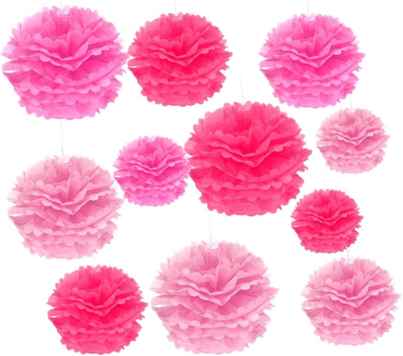 Pink Tissue Paper Pom Pom Flowers 12PCS Pre Cut Hanging Decor Wedding Birthday Party - Image 1