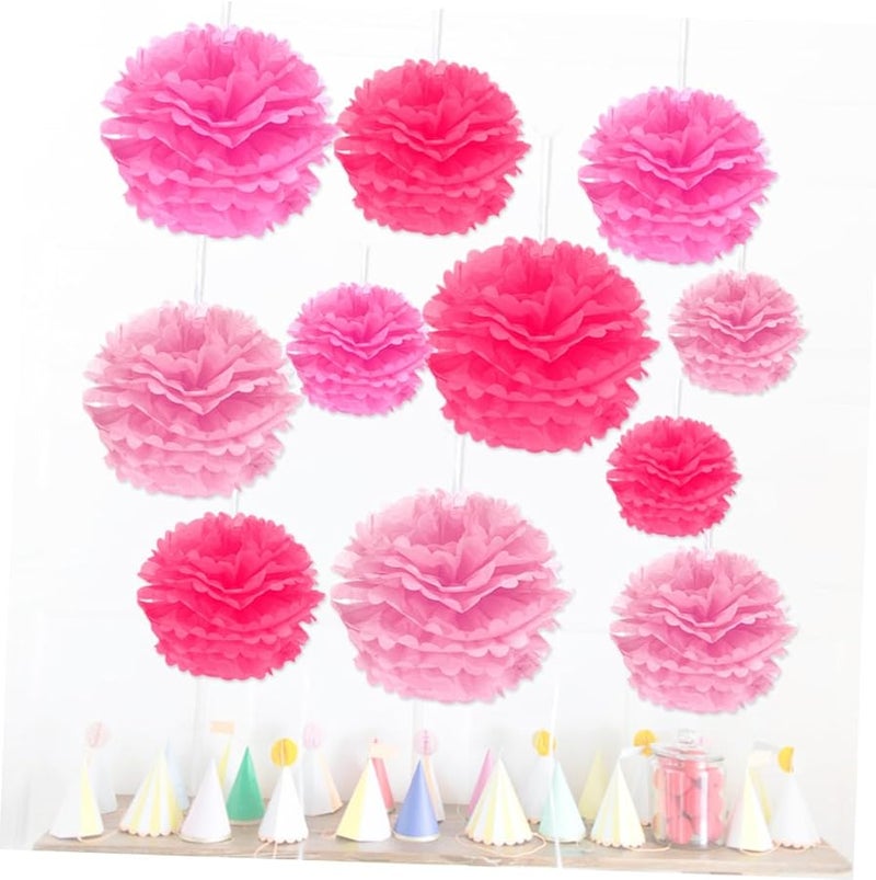 Pink Tissue Paper Pom Pom Flowers 12PCS Pre Cut Hanging Decor Wedding Birthday Party - Image 4
