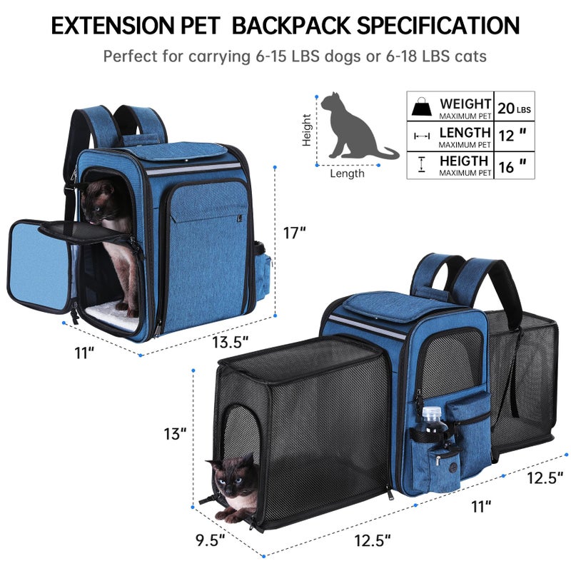 Groxkox Cat Carrier Backpack for Travel,Dog Carrier Backpack for Large cat, Small Dogs,Puppies Up to 20 Lbs,Expandable Cat Backpack for Outdoor Hiking,Pet Carrier Backpack,Cat Backpack Carrier (Blue) - Image 2