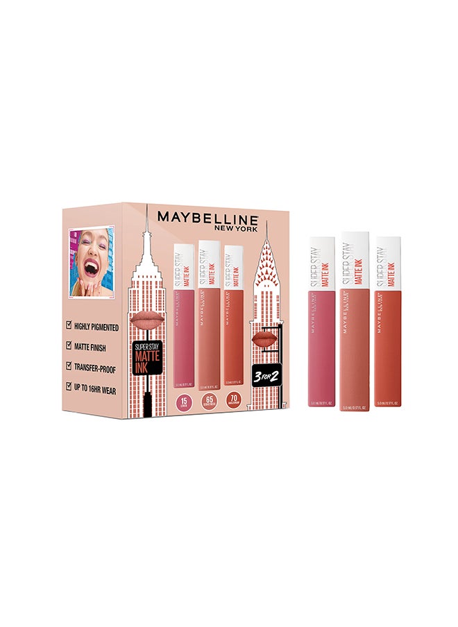 MAYBELLINE NEW YORK - 3 Pieces SuperStay Matte Ink Lipstick Set, Amazonian, Lover, Seductress - Image 1