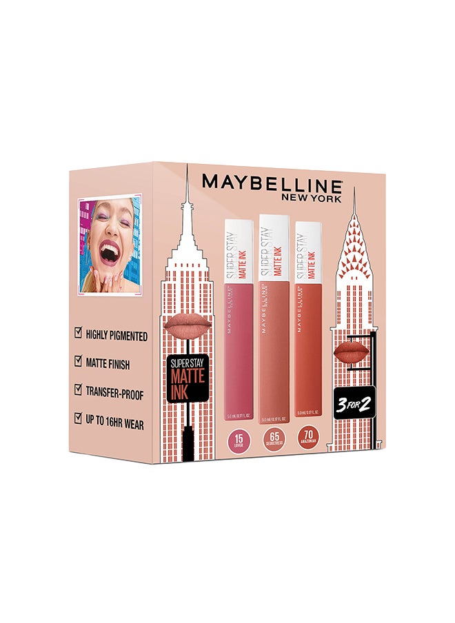 MAYBELLINE NEW YORK - 3 Pieces SuperStay Matte Ink Lipstick Set, Amazonian, Lover, Seductress - Image 1