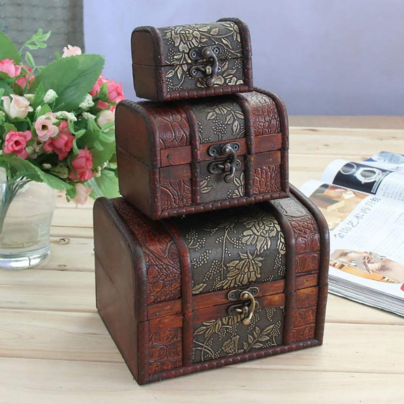 Fellibay Hofumix Wooden Jewelry Boxes Vintage Treasure Chest Handmade Box Rings Case with Metal Lock for Storing Jewelry Pearl Cosmetics 3PCS(S,M,L) - Image 3