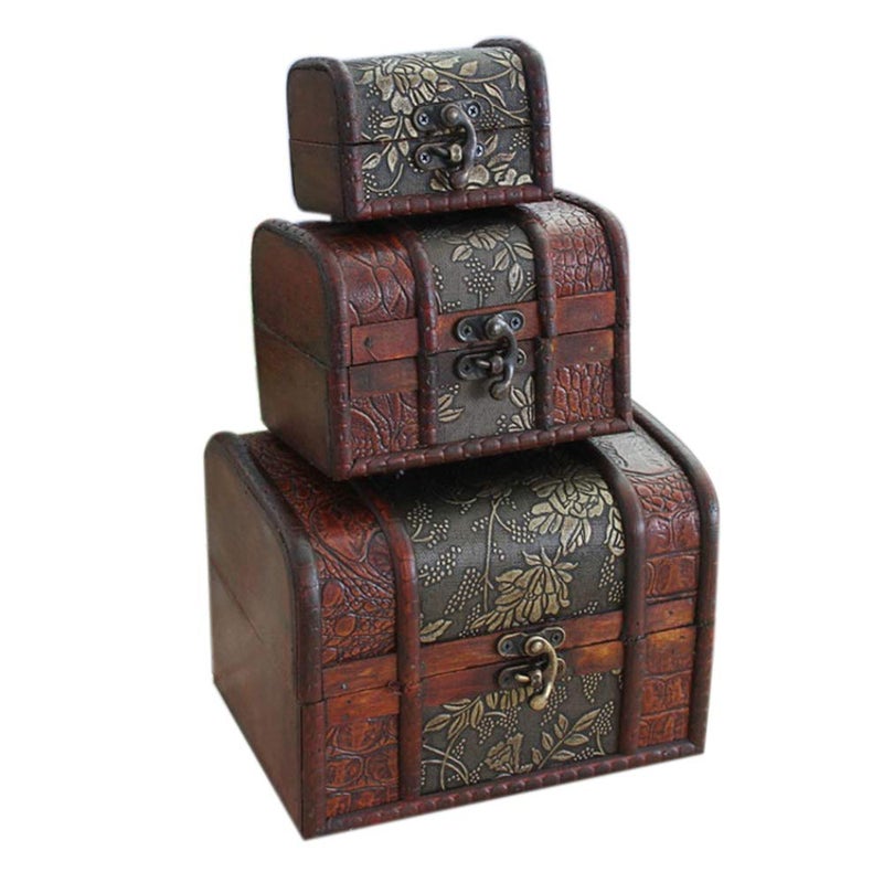 Fellibay Hofumix Wooden Jewelry Boxes Vintage Treasure Chest Handmade Box Rings Case with Metal Lock for Storing Jewelry Pearl Cosmetics 3PCS(S,M,L) - Image 1