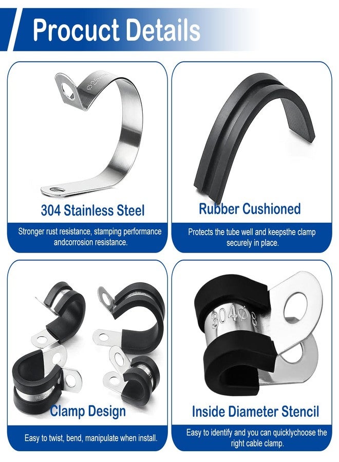 MroMax 5Pcs Cable Clamp 55mm Dia EDPM Rubber Cushioned Insulated Clamp 304 Stainless Steel Pipe Clamp 2.16" R Shape Metal Hose Clamp Tube Holder for Pipe Tube Wire Cord Installation - Image 4
