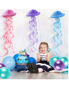 KASTWAVE Party Decoration, Honeycomb Jellyfish Hanging Decorative Paper Honeycomb Ball Swirl Lantern Paper Mermaid Birthday Decoration Supplies (3 Colors 1 Set)  - Image 2