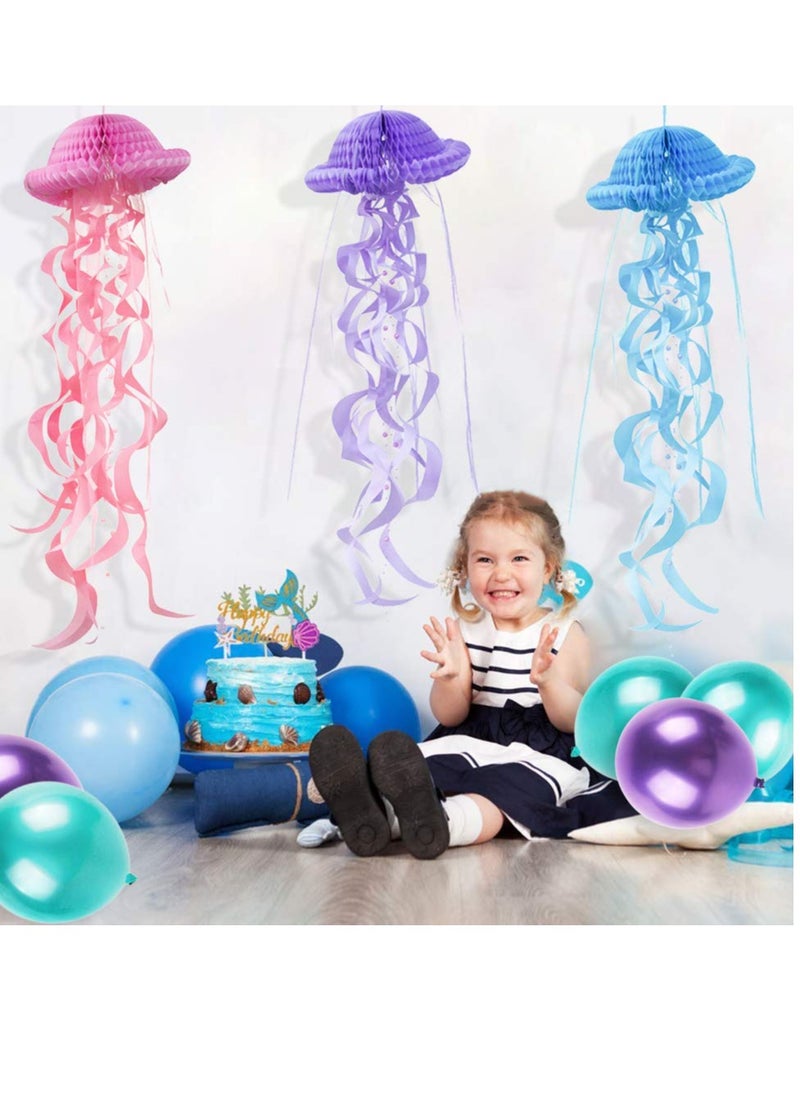 KASTWAVE Party Decoration, Honeycomb Jellyfish Hanging Decorative Paper Honeycomb Ball Swirl Lantern Paper Mermaid Birthday Decoration Supplies (3 Colors 1 Set)  - Image 2