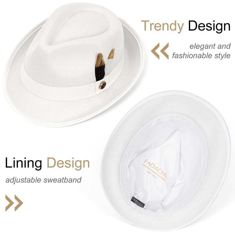 FADACHY Fedora Hats for Men & Women Short Brim Felt Hat Trilby Fedora with Feather Panama Dress Hat, White Fedora - Image 3