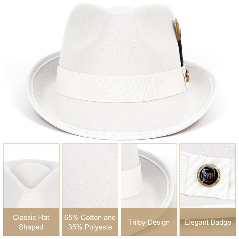 FADACHY Fedora Hats for Men & Women Short Brim Felt Hat Trilby Fedora with Feather Panama Dress Hat, White Fedora - Image 4