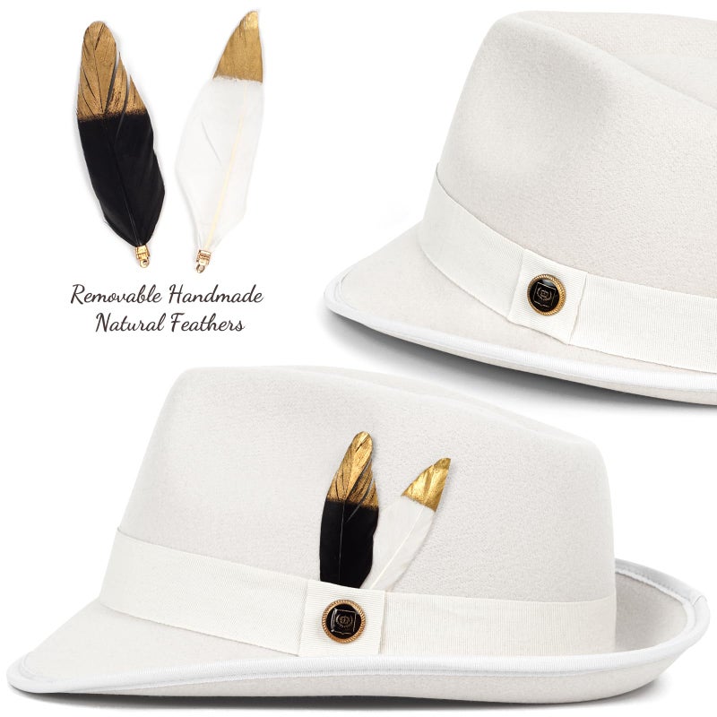 FADACHY Fedora Hats for Men & Women Short Brim Felt Hat Trilby Fedora with Feather Panama Dress Hat, White Fedora - Image 2