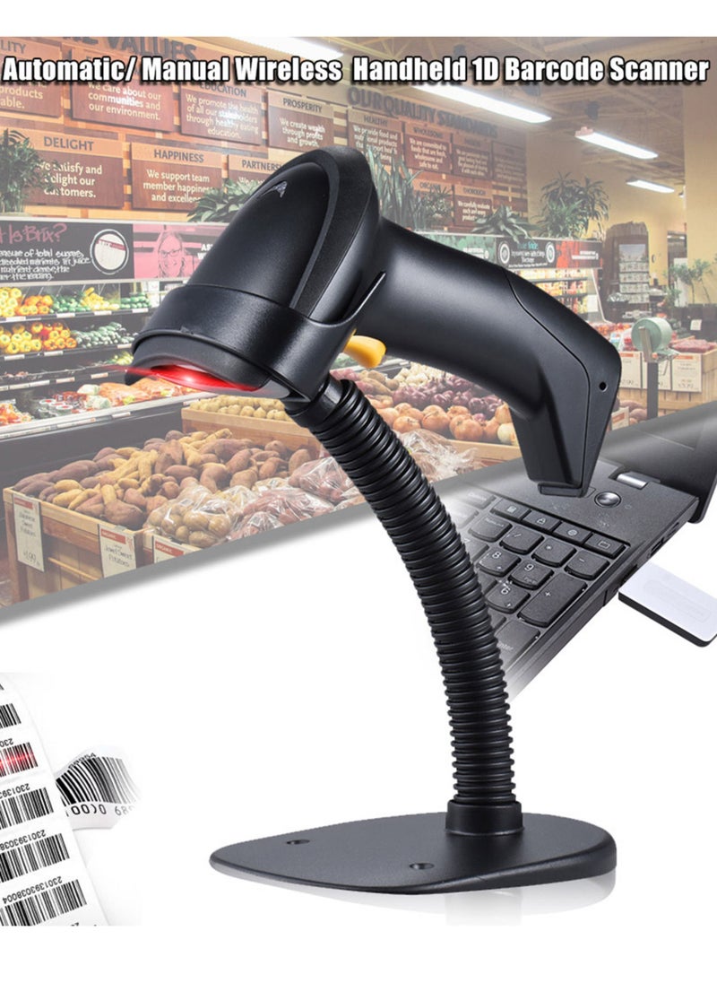 Automatic/ Manual 2.4G Wireless Handheld 1D Barcode Scanner Reader Supports Reverse Type Bar Code Scanning with USB Receiver Adjustable Stand for Supermarket Library Logistics Express Retail Store War