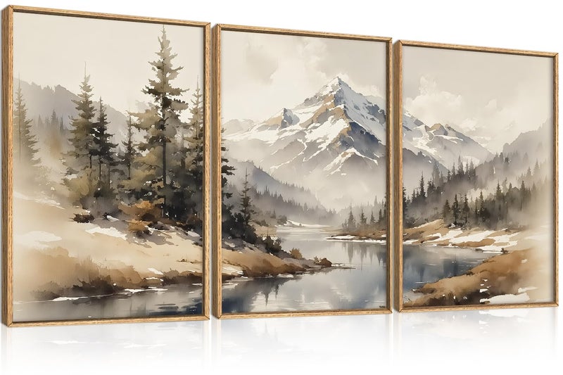 Ausril Watercolor Misty Mountain Framed Canvas Wall Art Set, Foggy Pine Tree Wall Decor, Winter Landscape Wall Painting, Nature Snowy Scene Art Print for Living Room, Bedroom, Office - 16"X24"X3 - Image 1