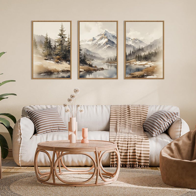 Ausril Watercolor Misty Mountain Framed Canvas Wall Art Set, Foggy Pine Tree Wall Decor, Winter Landscape Wall Painting, Nature Snowy Scene Art Print for Living Room, Bedroom, Office - 16"X24"X3 - Image 2