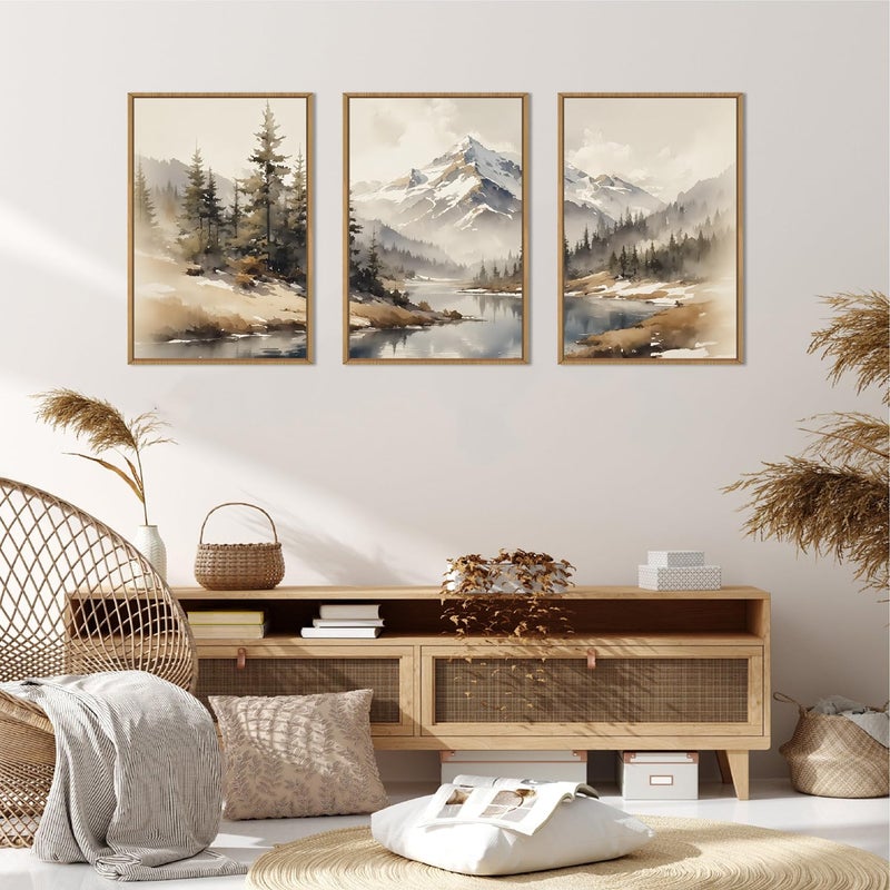 Ausril Watercolor Misty Mountain Framed Canvas Wall Art Set, Foggy Pine Tree Wall Decor, Winter Landscape Wall Painting, Nature Snowy Scene Art Print for Living Room, Bedroom, Office - 16"X24"X3 - Image 3