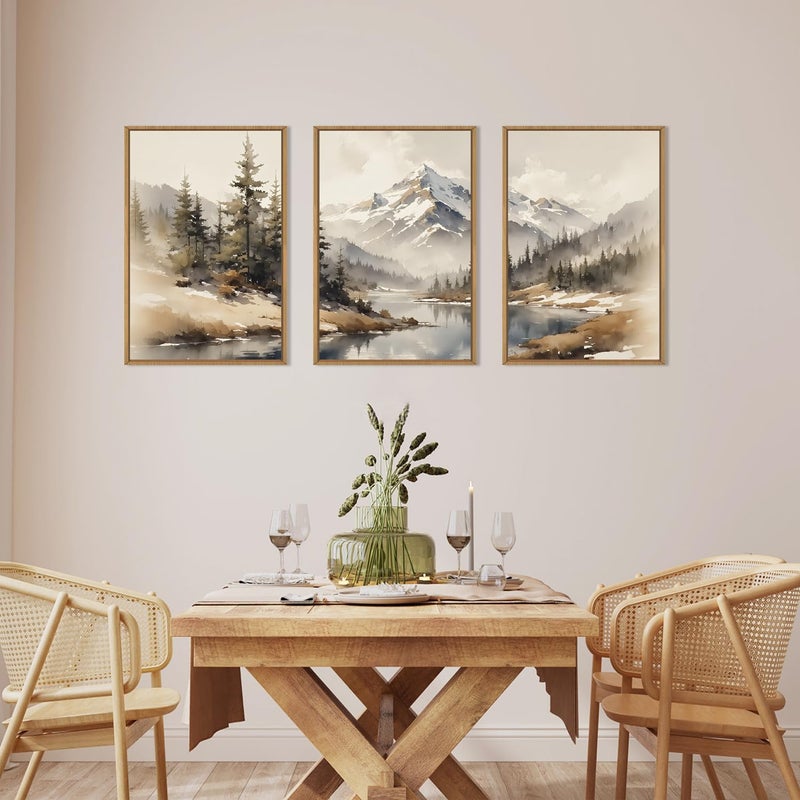 Ausril Watercolor Misty Mountain Framed Canvas Wall Art Set, Foggy Pine Tree Wall Decor, Winter Landscape Wall Painting, Nature Snowy Scene Art Print for Living Room, Bedroom, Office - 16"X24"X3 - Image 4