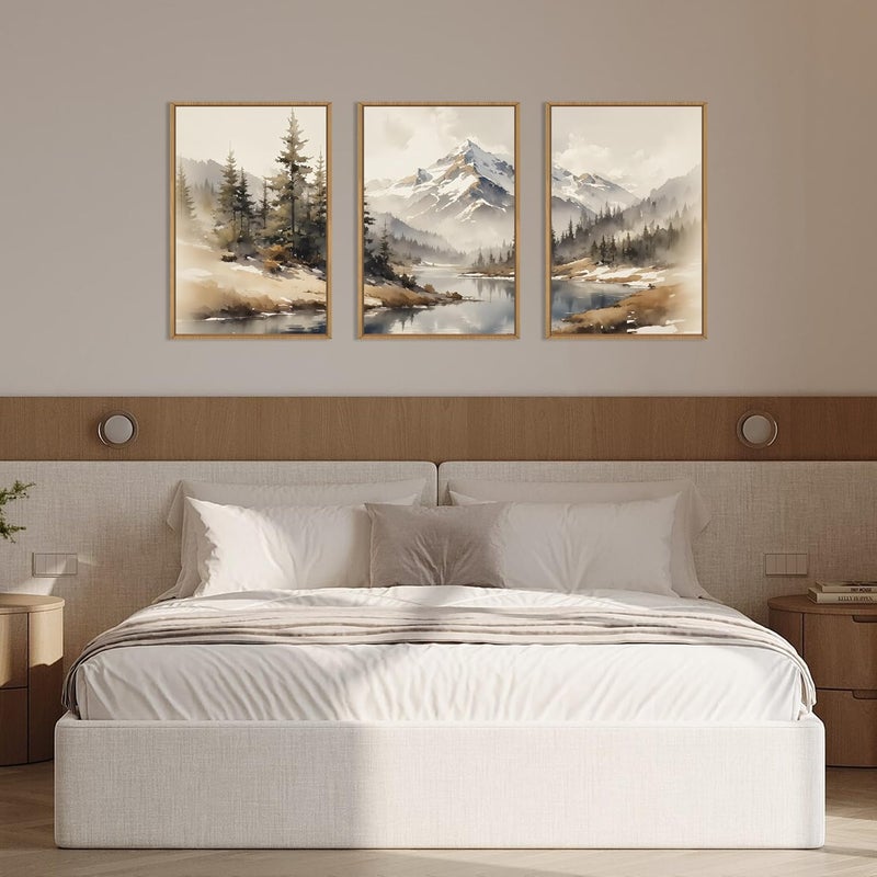 Ausril Watercolor Misty Mountain Framed Canvas Wall Art Set, Foggy Pine Tree Wall Decor, Winter Landscape Wall Painting, Nature Snowy Scene Art Print for Living Room, Bedroom, Office - 16"X24"X3 - Image 5
