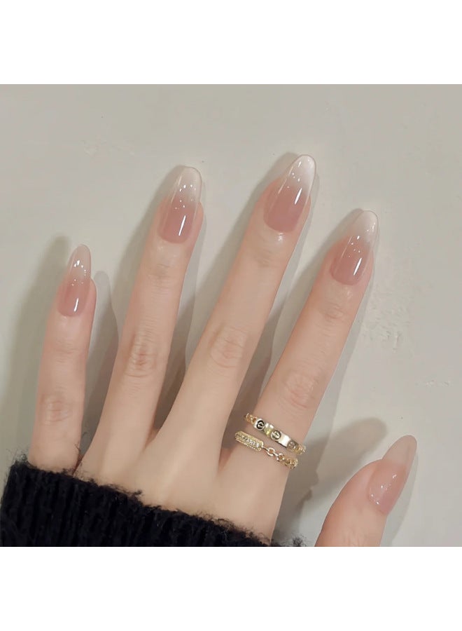 Medium-length Rhinestone Cat-eye Press-on Nails In Nude Pink With Bead Chain, Light Luxury Style, Brightening Effect, Ready-made Nail Pieces