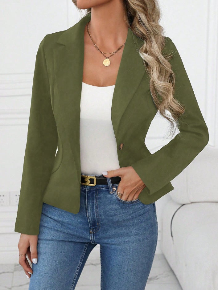Women's Army Green Slim-fit Long-sleeve Blazer