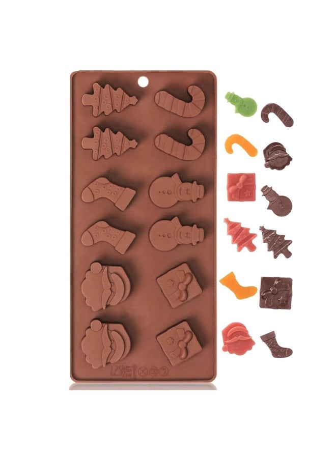 Skytail 12 Cavity Christmas Silicone Chocolate Mould Xmas Tree Santa Snowman Christmas Sock Cane Gift Box Shape Baking Xmas Chocolate Candy Gummy Cake Decoration Cupcake Topper Jelly Party Snacks - Image 1
