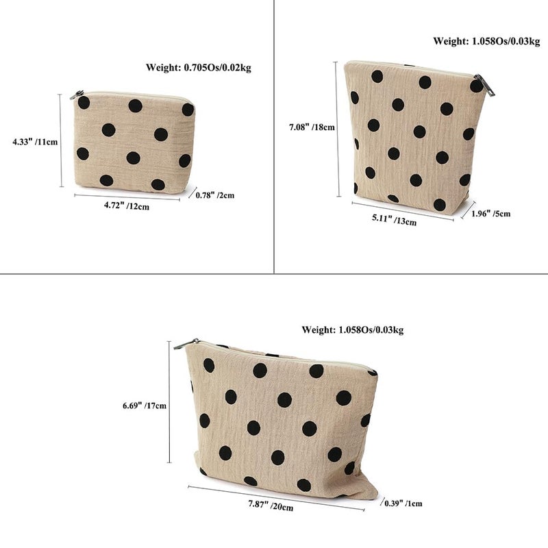 BBORGDC Small Cosmetic Bag Set of 3 for Purse, Beige Polka Dot Cotton Makeup Bags, 3 Sizes Zipper Pouch Organizer for Travel & Toiletries, Gift for Her Birthday, Bridesmaid & Best Friend - Image 2