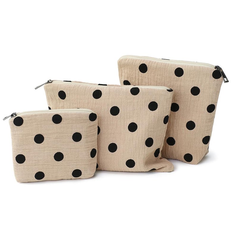 BBORGDC Small Cosmetic Bag Set of 3 for Purse, Beige Polka Dot Cotton Makeup Bags, 3 Sizes Zipper Pouch Organizer for Travel & Toiletries, Gift for Her Birthday, Bridesmaid & Best Friend - Image 1