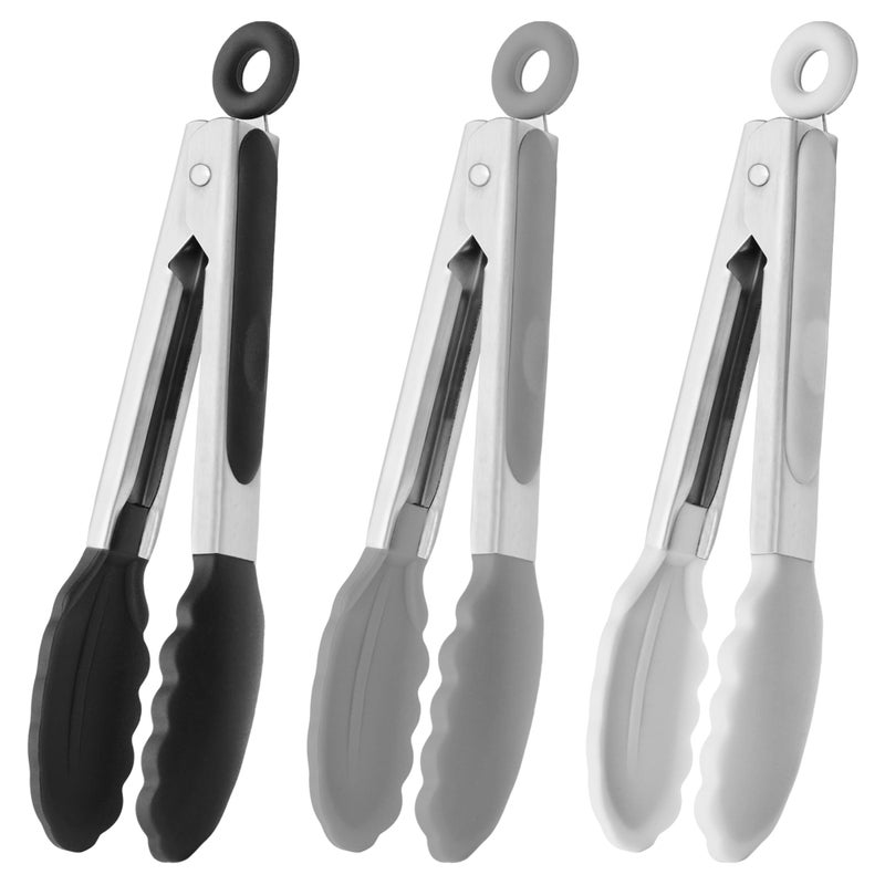 HINMAY Small Silicone Tongs 7-Inch Mini Serving Tongs, Set of 3 (Black Gray White) - Image 1