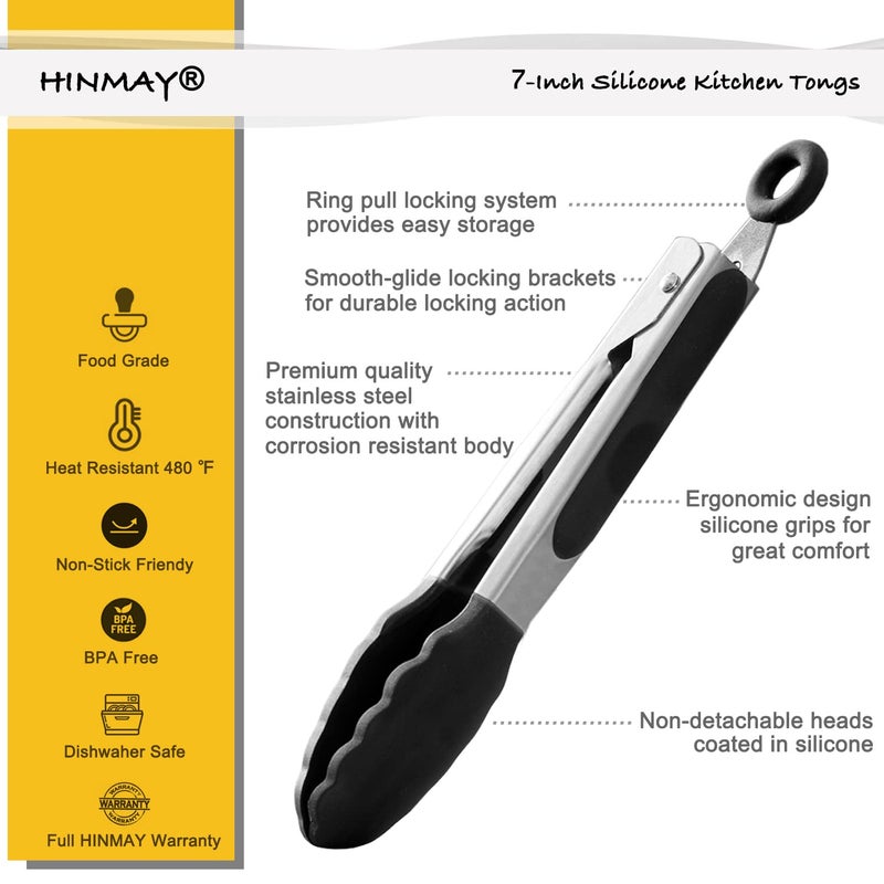 HINMAY Small Silicone Tongs 7-Inch Mini Serving Tongs, Set of 3 (Black Gray White) - Image 2