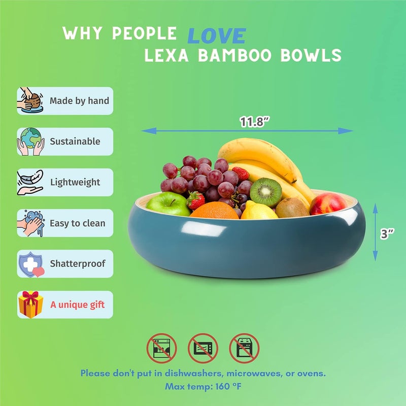 LEXA Bamboo Fruit Bowl for Kitchen Counter 12 Inch Large  Round Artisan Lacquered Wooden Fruit Bowl or Candy Bowl Handcrafted Bamboo Fruit Basket for Kitchen  Home Decor Navy Blue - Image 3
